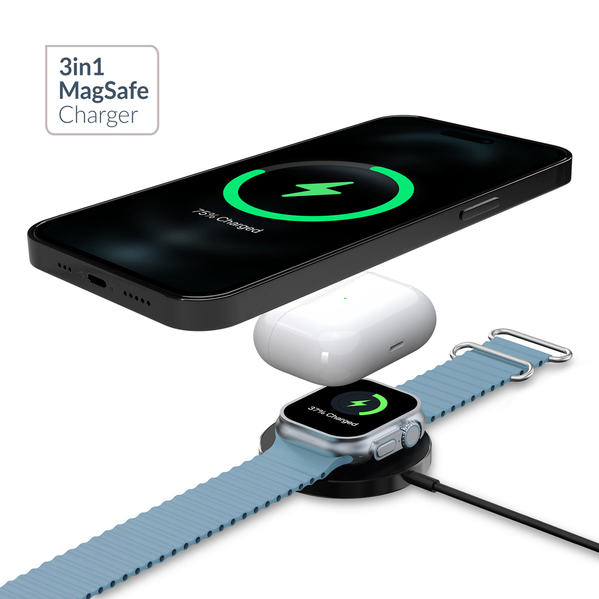 Mobilize 3In1 Magnetic Wireless Charger Magsafe Compatible 15W Black