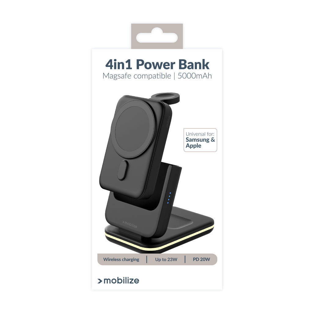 Mobilize 4In1 Wireless Charger Station With Detachable Power Bank 5000Mah Black