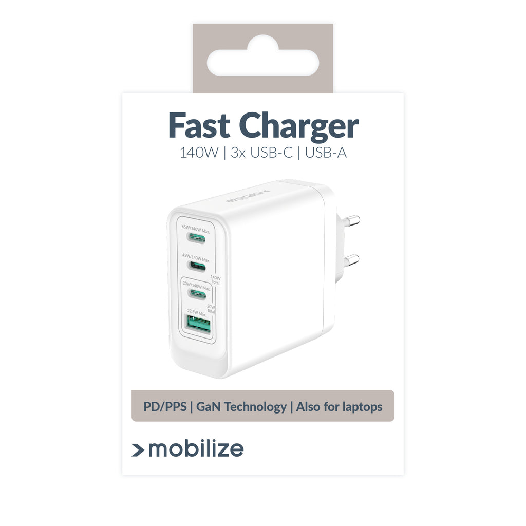 Mobilize Wall Charger 3X Usb-C + 1X Usb Gan 140W With Pd/Pps White