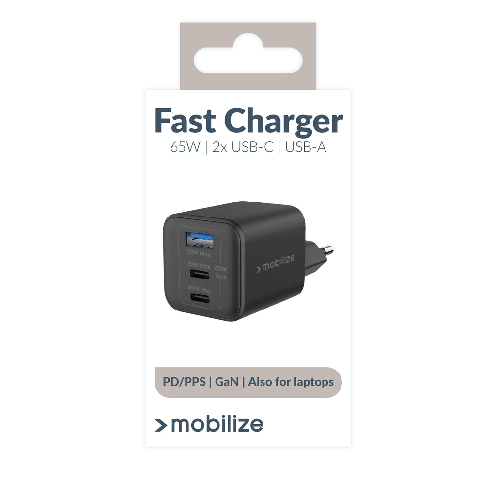 Mobilize Wall Charger 2X Usb-C + 1X Usb Gan 65W With Pd/Pps Black