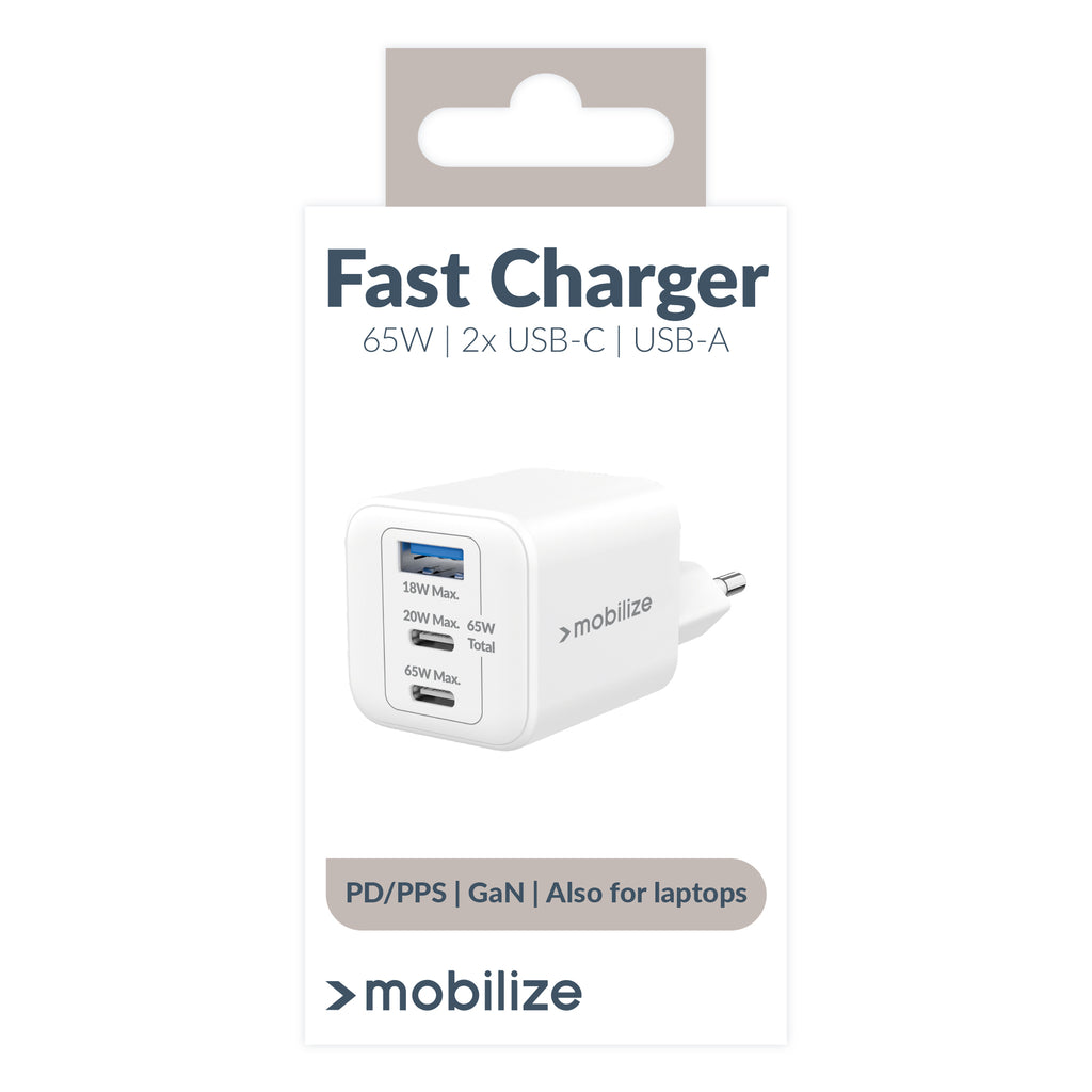 Mobilize Wall Charger 2X Usb-C + 1X Usb Gan 65W With Pd/Pps White