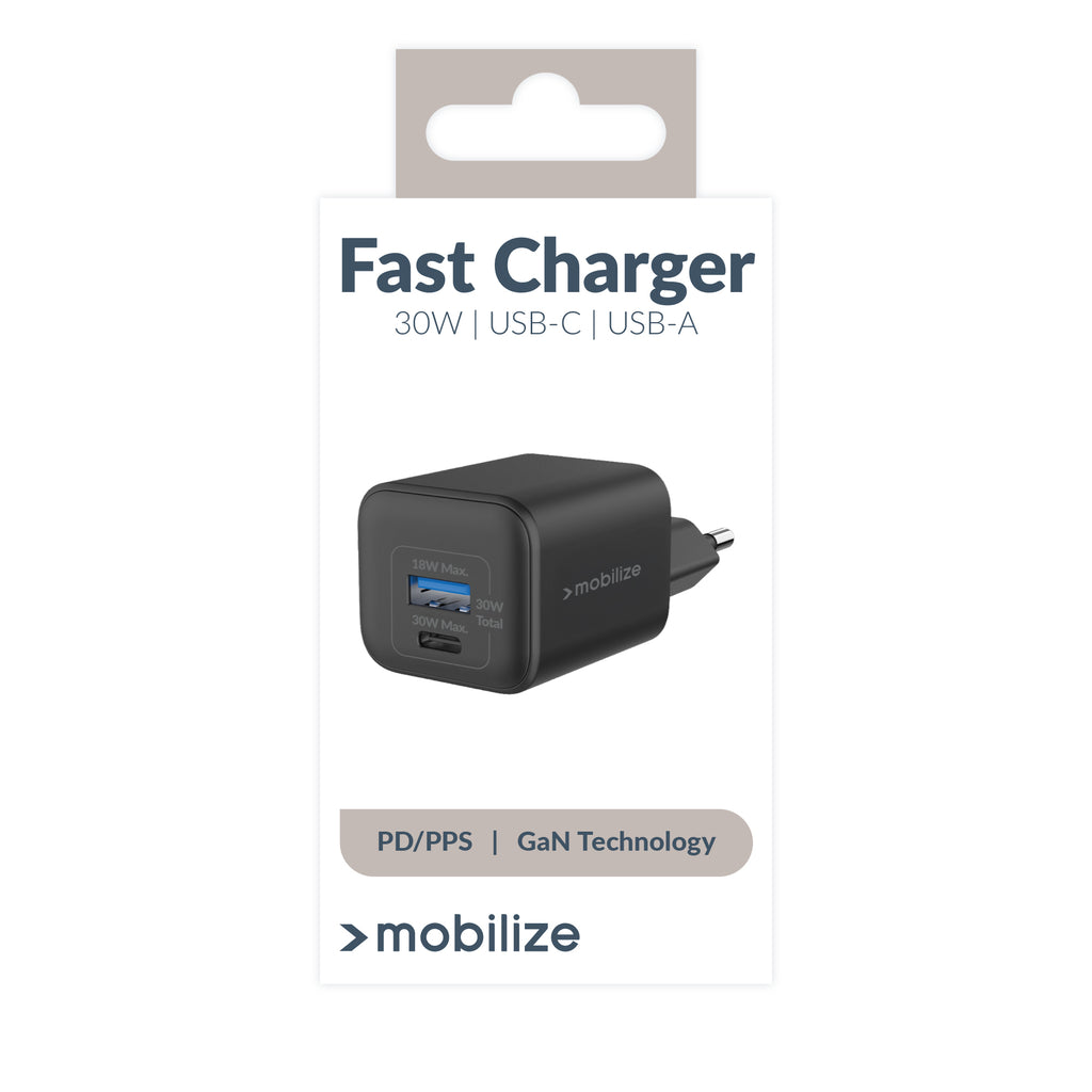 Mobilize Wall Charger Usb-C + Usb Gan 30W With Pd/Pps Black