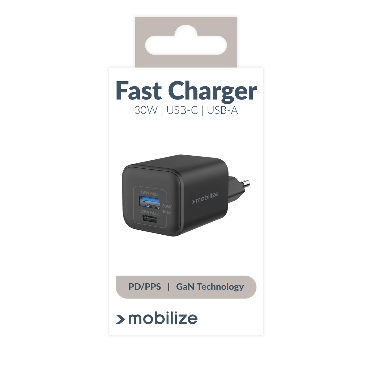 Mobilize Wall Charger Usb-C + Usb Gan 30W With Pd/Pps Black