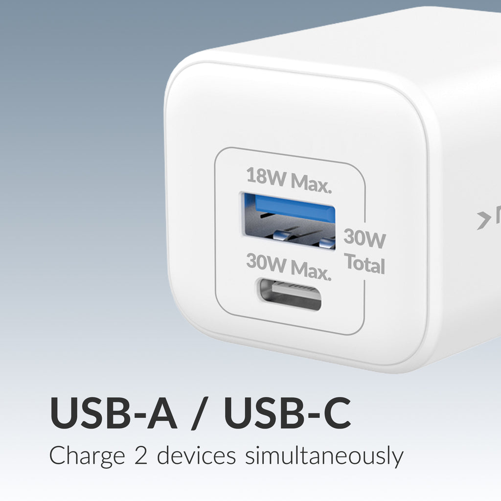 Mobilize Wall Charger Usb-C + Usb Gan 30W With Pd/Pps White