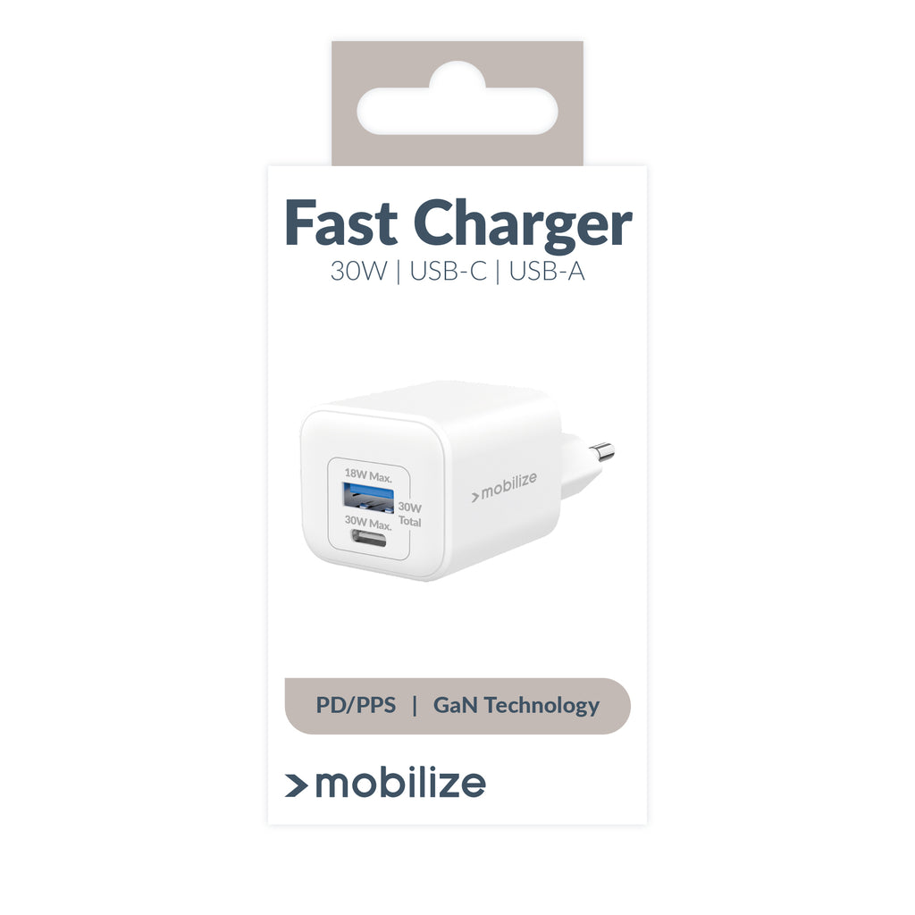 Mobilize Wall Charger Usb-C + Usb Gan 30W With Pd/Pps White