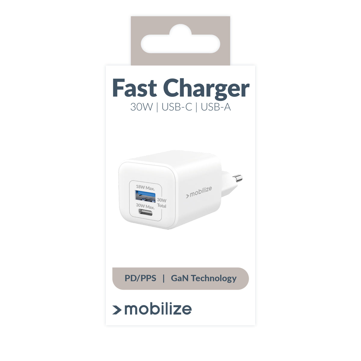 Mobilize Wall Charger Usb-C + Usb Gan 30W With Pd/Pps White